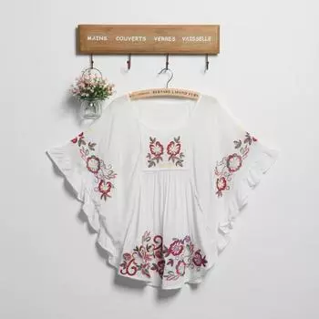 Женская свободная этническая брендовая красная, синяя, белая блузка с рукавами «летучая мышь» с вышивкой плюс женская одежда белый