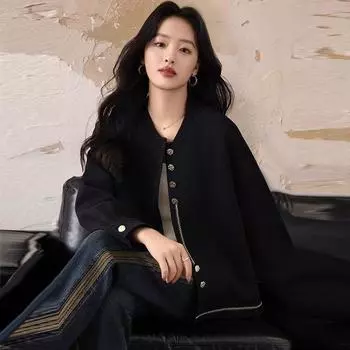 Женская свободная бейсбольная куртка больших размеров из черного шикарного хлопка Air для весны и осени M чёрный