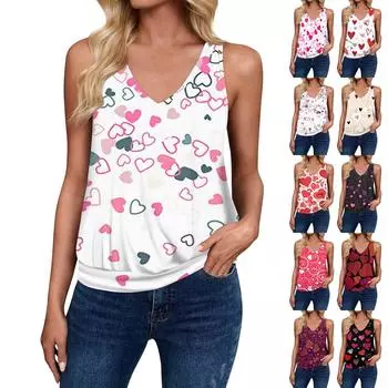 Женская свободная безрукавка с V-образным вырезом и принтом ко Дню святого Валентина, повседневная майка-топ L бежевый