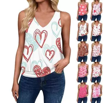Женская свободная безрукавка с V-образным вырезом и принтом ко Дню святого Валентина, повседневная майка-топ L бежевый