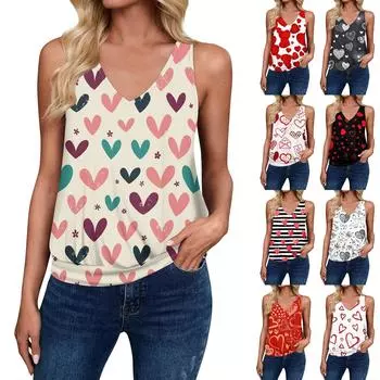 Женская свободная безрукавка с V-образным вырезом и принтом ко Дню святого Валентина, повседневная майка-топ L бежевый
