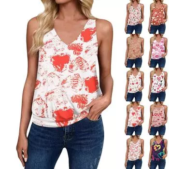 Женская свободная безрукавка с V-образным вырезом и принтом ко Дню святого Валентина, повседневная майка-топ XXXL красный