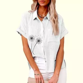 Женская свободная блузка больших размеров, модный льняной топ с цветочным принтом, женская повседневная футболка с коротким рукавом на пуговицах S белый