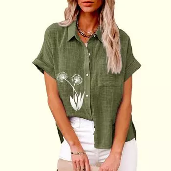 Женская свободная блузка больших размеров, модный льняной топ с цветочным принтом, женская повседневная футболка с коротким рукавом на пуговицах S белый