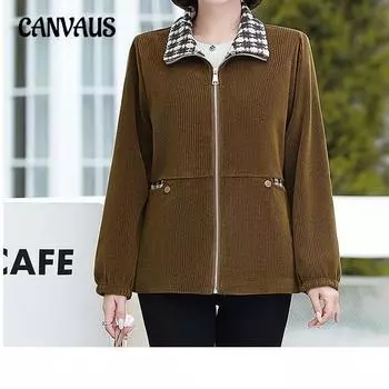 Женская свободная блузка большого размера на осень и зиму с короткими рукавами, куртка Tide для людей среднего и пожилого возраста L кофейный