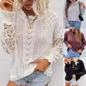 Женская свободная блузка, кружевной свитер, лоскутный полый свитер L чёрный