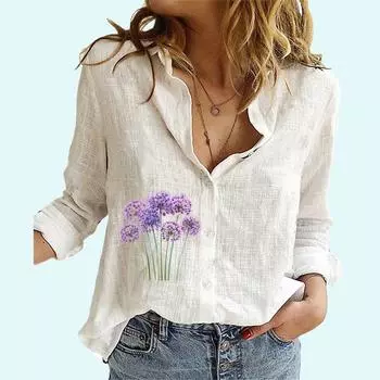 Женская свободная блузка на пуговицах, летняя и осенняя модная хлопково-льняная футболка с цветочным принтом, женская повседневная футболка с длинным рукавом S белый
