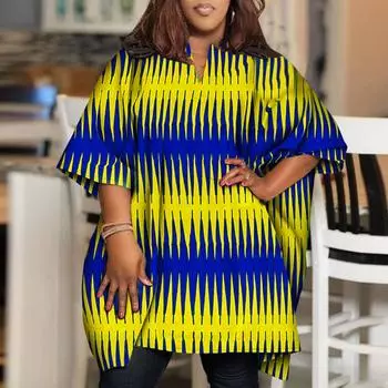 Женская свободная блузка с круглым вырезом и коротким рукавом большого размера с принтом M синий