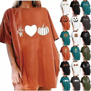 Женская свободная блузка с круглым вырезом и коротким рукавом, футболка с принтом Хэллоуина, топ