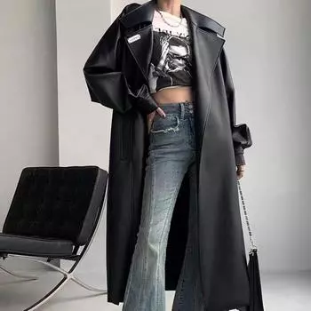 Женская свободная длинная кожаная куртка, модная уличное пальто с отложным воротником из искусственной кожи, осень-зима, длинный рукав, пояс, верхняя одежда M чёрный