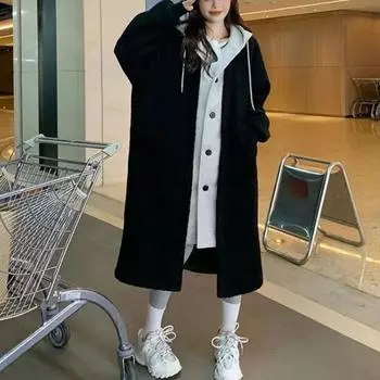 Женская свободная длинная куртка с капюшоном на осень и зиму, элегантная толстовка Temperament L чёрный