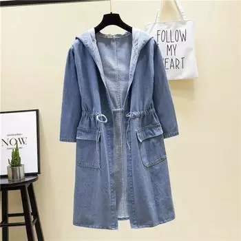 Женская свободная джинсовая куртка средней длины с капюшоном, однотонная куртка для поездок на работу с высокой талией и поясом 4XL