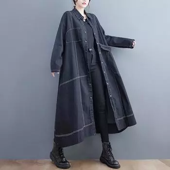 Женская свободная джинсовая ветровка большого размера, длинный джинсовый тренчкот One Size