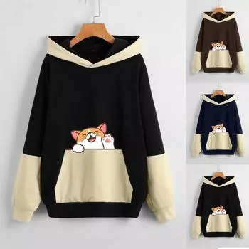 Женская свободная флисовая толстая толстовка с карманами и длинными рукавами, пуловер с цветными блоками и животным принтом, топ L кофейный