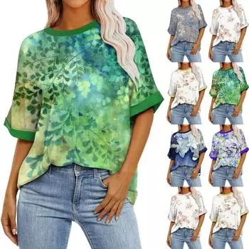Женская свободная футболка больших размеров с цветочным принтом и круглым вырезом, с короткими рукавами и короткими рукавами, топ L зелёный