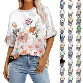 Женская свободная футболка больших размеров с цветочным принтом и круглым вырезом, с короткими рукавами и короткими рукавами, топ L