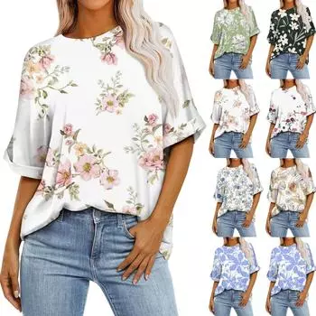 Женская свободная футболка больших размеров с цветочным принтом и круглым вырезом, с короткими рукавами и короткими рукавами, топ S