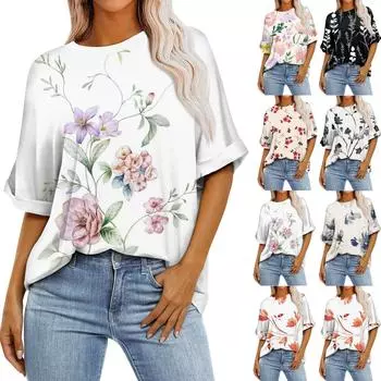 Женская свободная футболка больших размеров с цветочным принтом и круглым вырезом, с короткими рукавами и короткими рукавами, топ L