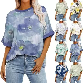 Женская свободная футболка больших размеров с цветочным принтом и круглым вырезом, с короткими рукавами и короткими рукавами, топ L