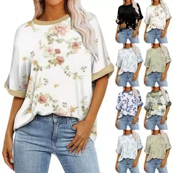Женская свободная футболка больших размеров с цветочным принтом и круглым вырезом, с короткими рукавами и короткими рукавами, топ L