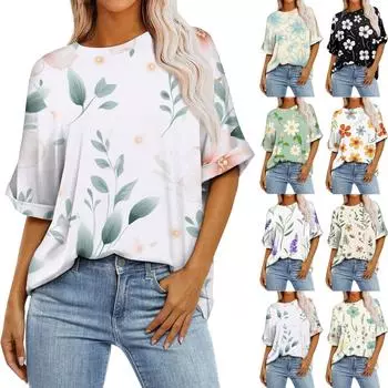 Женская свободная футболка больших размеров с цветочным принтом и круглым вырезом, с короткими рукавами и короткими рукавами, топ XL розовый