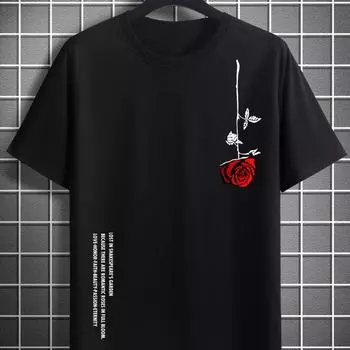 Женская свободная футболка из 100% хлопка с принтом розы, повседневная тонкая футболка с круглым вырезом и коротким рукавом, летняя модная одежда в стиле Харадзюку, уличная одежда больших размеров s