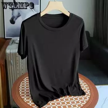 Женская свободная футболка из модала с короткими рукавами и короткими рукавами, однотонные топы, тонкая нижняя рубашка с круглым вырезом M чёрный