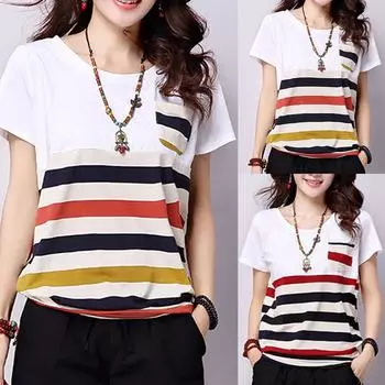 Женская свободная футболка из полиэстера в полоску с короткими рукавами и блузкой большого размера XXL винный