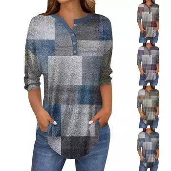 Женская свободная футболка на пуговицах с винтажным геометрическим принтом и рукавом семь четвертей L