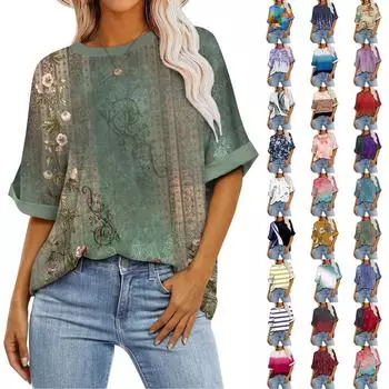 Женская свободная футболка оверсайз с принтом, круглым вырезом и длиной до плеч, с короткими рукавами L синий