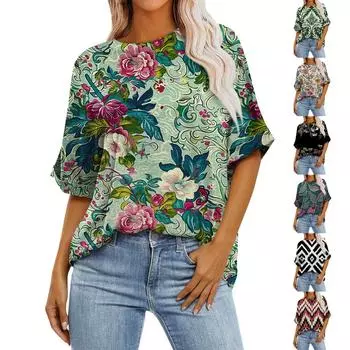 Женская свободная футболка оверсайз с принтом, круглым вырезом и длиной до плеч, с короткими рукавами L