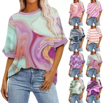 Женская свободная футболка оверсайз с принтом, круглым вырезом, плечами и короткими рукавами, топ L синий