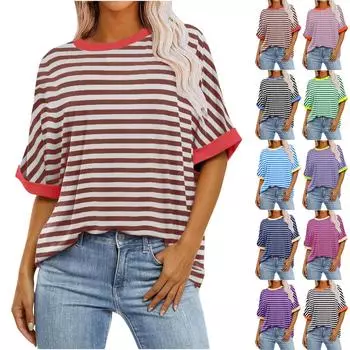 Женская свободная футболка оверсайз с принтом, круглым вырезом и длиной до плеч, с короткими рукавами L синий