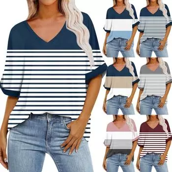 Женская свободная футболка оверсайз в градиентную полоску с V-образным вырезом и короткими рукавами длиной до плеч. L синий