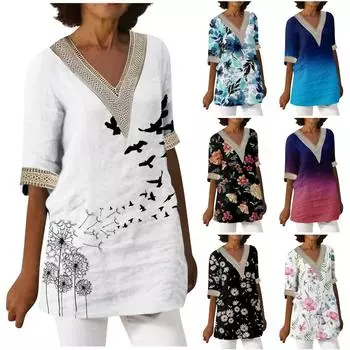 Женская свободная футболка, повседневная мода, кружевной топ с v-образным вырезом и принтом M чёрный