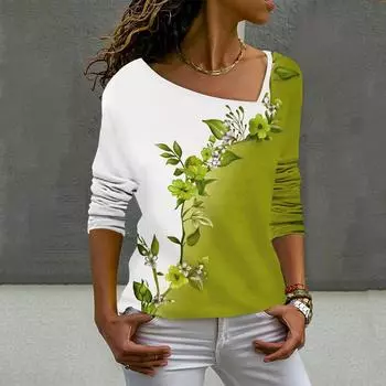 Женская свободная футболка с цветочным принтом, повседневный топ с наклонным V-образным вырезом и длинными рукавами XXXL жёлтый