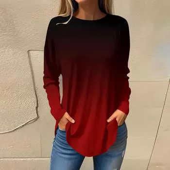 Женская свободная футболка с длинным рукавом и круглым вырезом с градиентным принтом, верхний пуловер XL красный