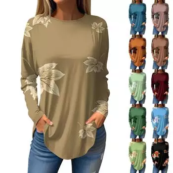 Женская свободная футболка с длинным рукавом и круглым вырезом с цветочным принтом, верхний пуловер S чёрный