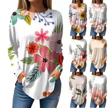Женская свободная футболка с длинным рукавом и круглым вырезом с цветочным принтом, верхний пуловер L