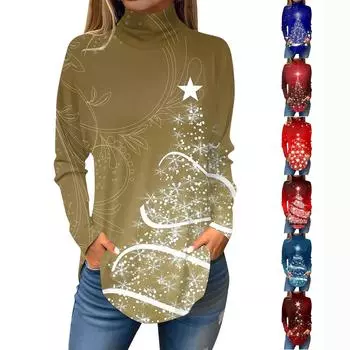 Женская свободная футболка с длинным рукавом и принтом рождественской елки, топ-пуловер L винный