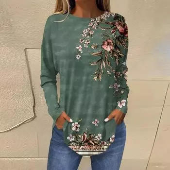 Женская свободная футболка с длинным рукавом с круглым вырезом и принтом, верхний пуловер L армия зеленый