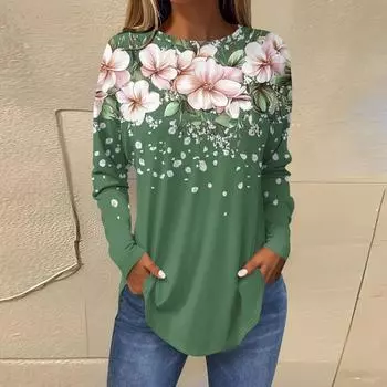 Женская свободная футболка с длинным рукавом с круглым вырезом и принтом, верхний пуловер L армия зеленый