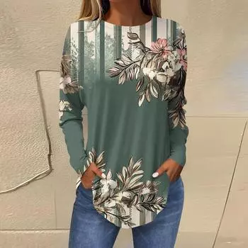 Женская свободная футболка с длинным рукавом с круглым вырезом и принтом, верхний пуловер L армия зеленый