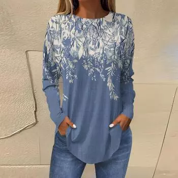 Женская свободная футболка с длинным рукавом с круглым вырезом и принтом, верхний пуловер L синий