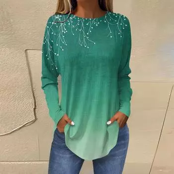 Женская свободная футболка с длинным рукавом с круглым вырезом и принтом, верхний пуловер L армия зеленый