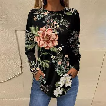 Женская свободная футболка с длинным рукавом с круглым вырезом и принтом, верхний пуловер L армия зеленый