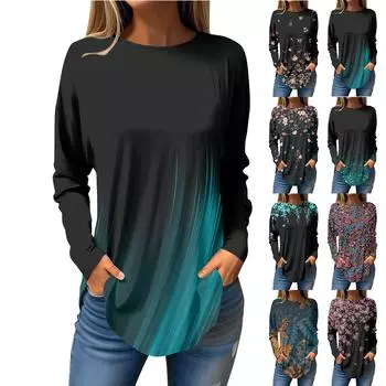 Женская свободная футболка с длинным рукавом с круглым вырезом и принтом, верхний пуловер XXL