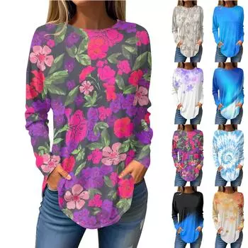 Женская свободная футболка с длинным рукавом с круглым вырезом и принтом, верхний пуловер L