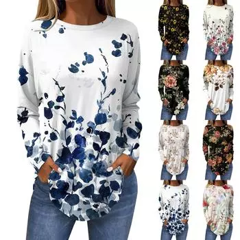 Женская свободная футболка с длинным рукавом с круглым вырезом и принтом, верхний пуловер S бежевый