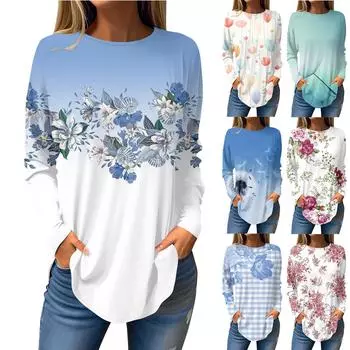 Женская свободная футболка с длинным рукавом с круглым вырезом и принтом, верхний пуловер XXL